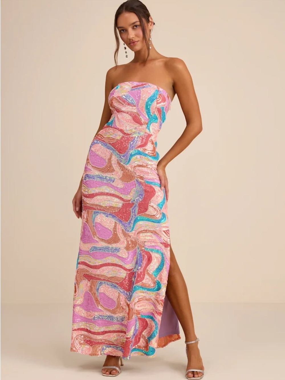 Lulu's Pastel Swirl Strapless Sequin Maxi Dress